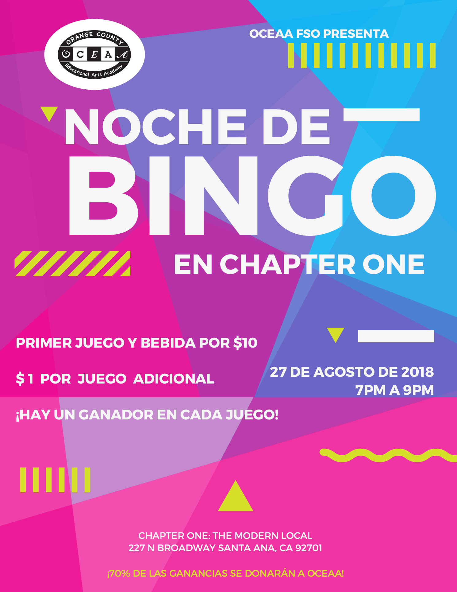 Noche de bingo para una escuela charter en santa ana