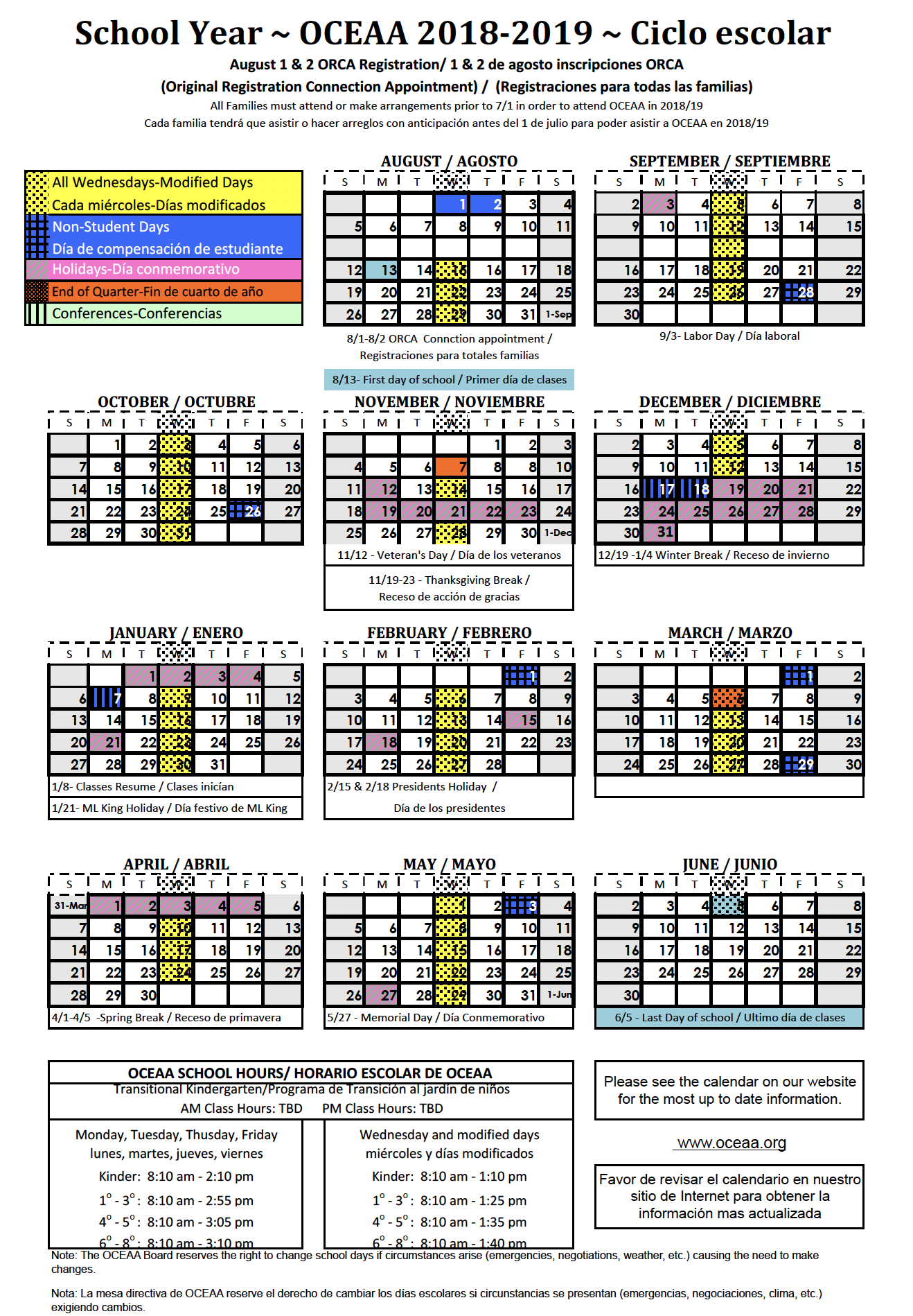 2018-2019 School Year Calendar - Oceaa - A Tk-8th Santa Ana Charter School